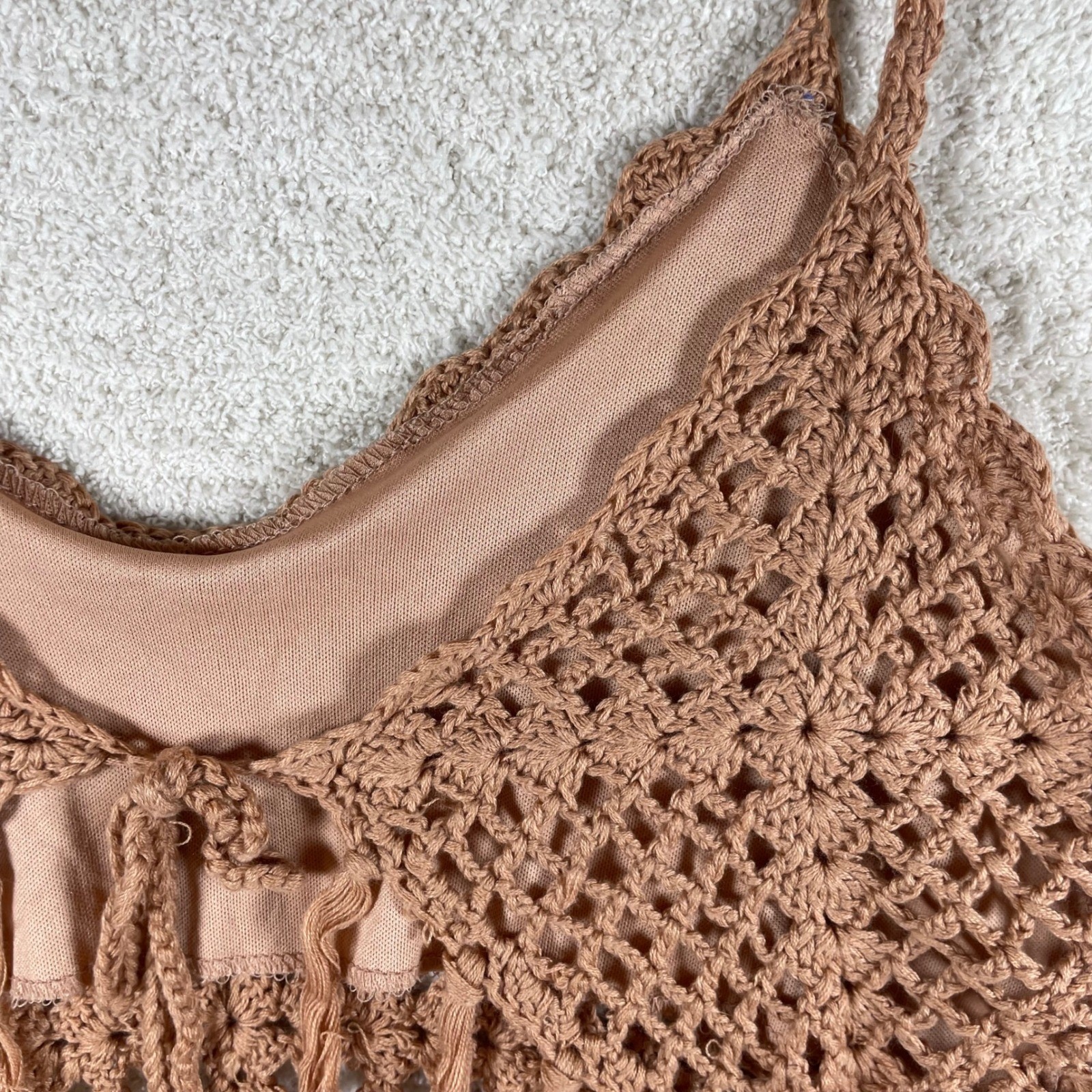 festival crop bra top brown crochet knit macrame fringe tassels S hippie boho