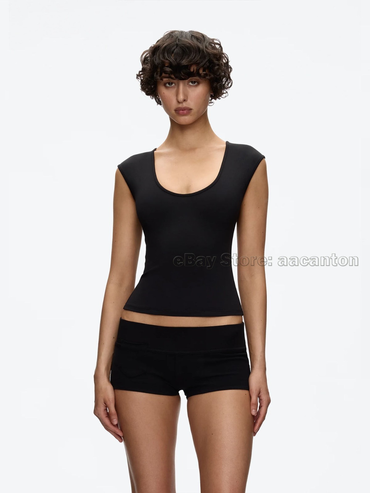 Tank Air Women Large U-neck T-shirts Tight Fit Fixed Dye High Stretch Short Top
