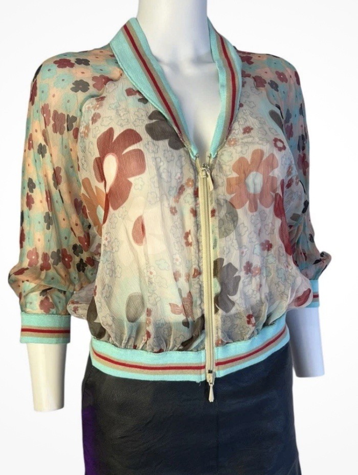PLEIN SUD NWT Floral Silk Sheer Zip-Up Bomber Style Blouse FR 42 US 10
