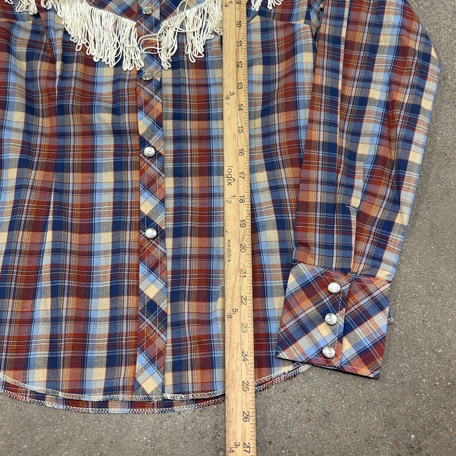 Vtg 80s H Bar C California Ranchwear Western Shirt Womens 32 Multi Plaid Fringe
