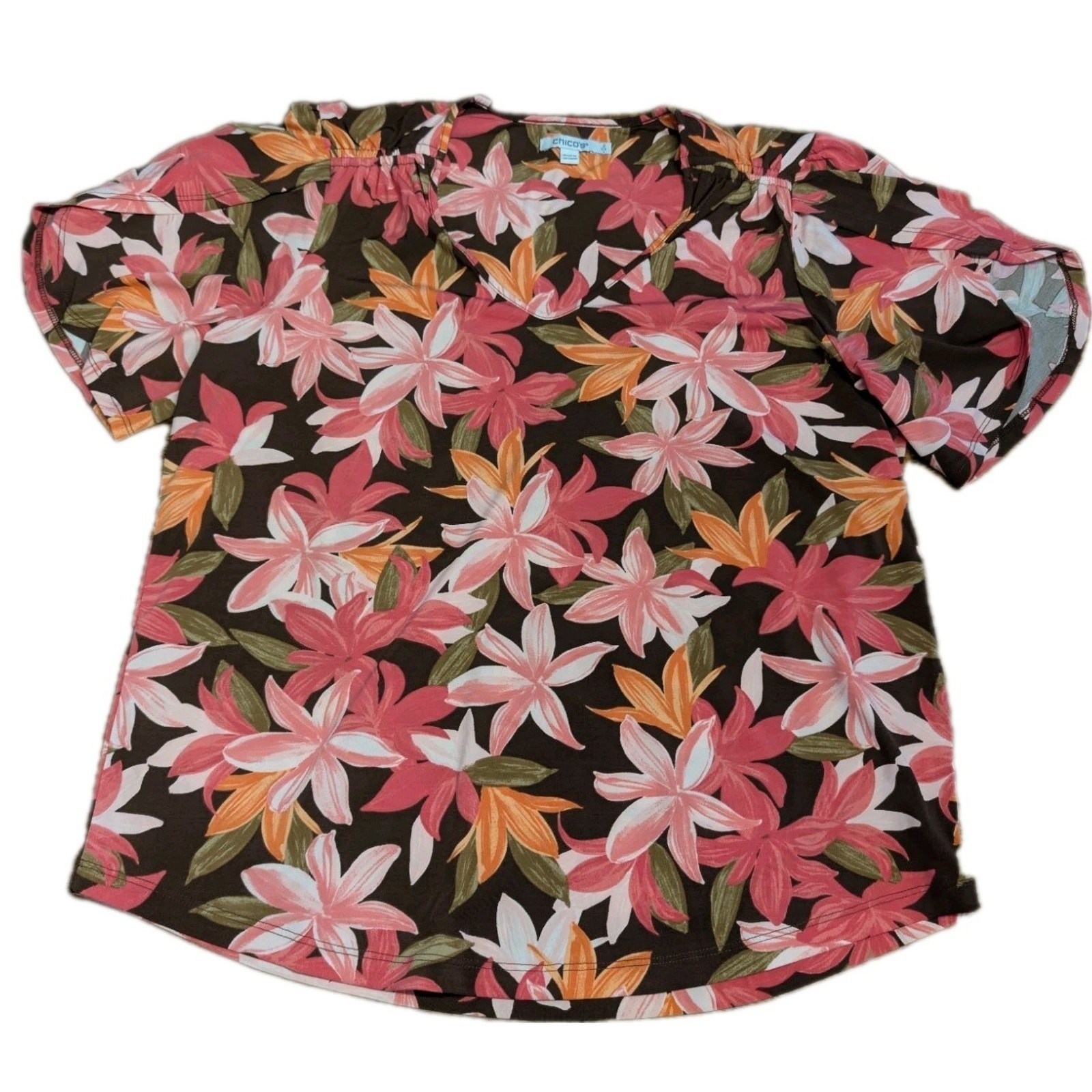 Chico’s Shirt Large Easy Care Stretch Gathered Women’s Size 2 Tropical Floral