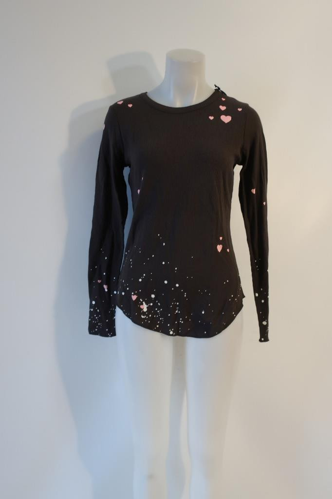 NWT Womens Chaser Vintage Black Pink White Heart Dot Graphic Waffle Top S