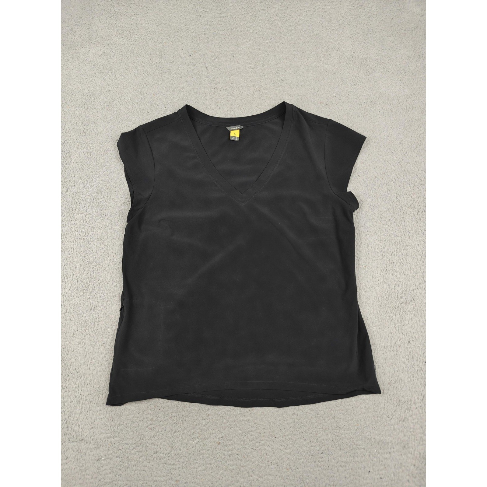 Eddie Bauer Blouse Womens Large Black V Neck Cap Sleeve Zip Pockets Stretch