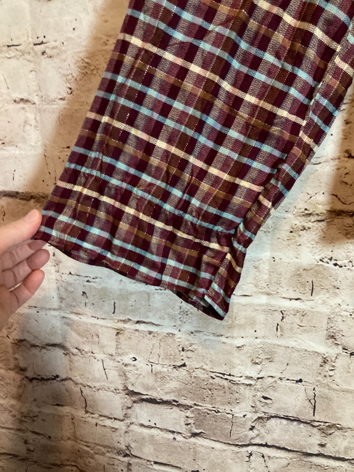Cato Babydoll Top Womens Medium Maroon Red Plaid Smocked Flared Sleeve Flowy