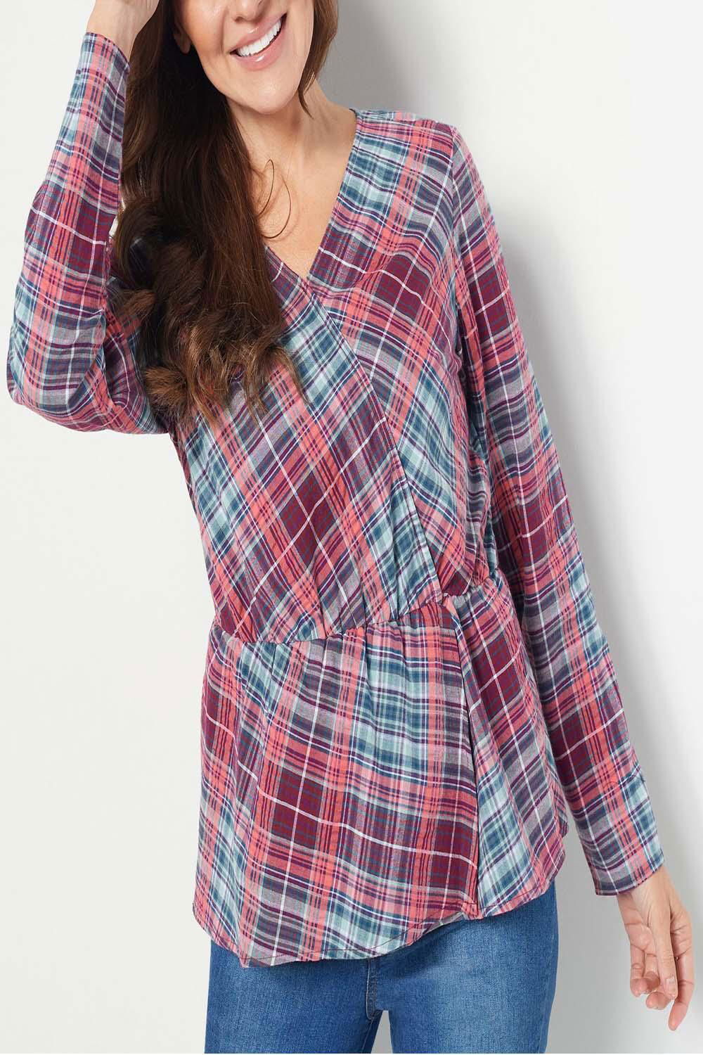 Denim & Co Faux Surplice V-Neck Plaid Blouse Wine/Seafoam