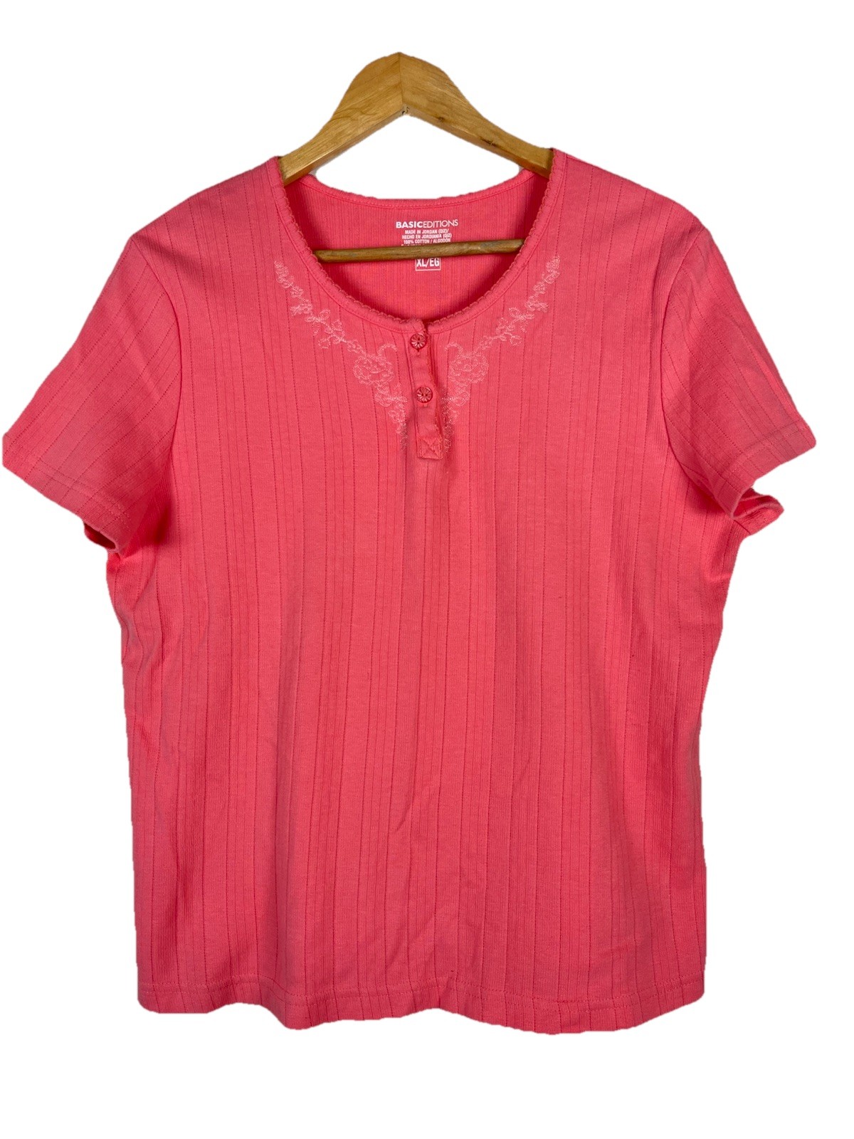 Basic Editions Women’s XL Pink Ribbed Cotton Henley Top Short Sleeve Floral