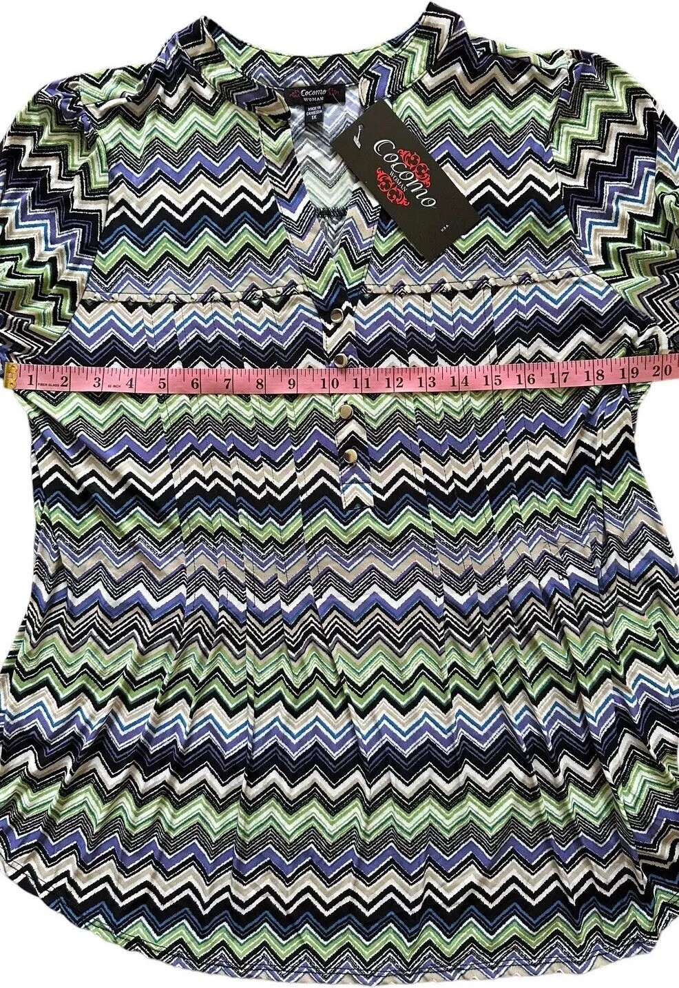 COCOMO 1X Green Blue Purple 3/4 sleeve Studded women’s Pintuck Blouse shirt