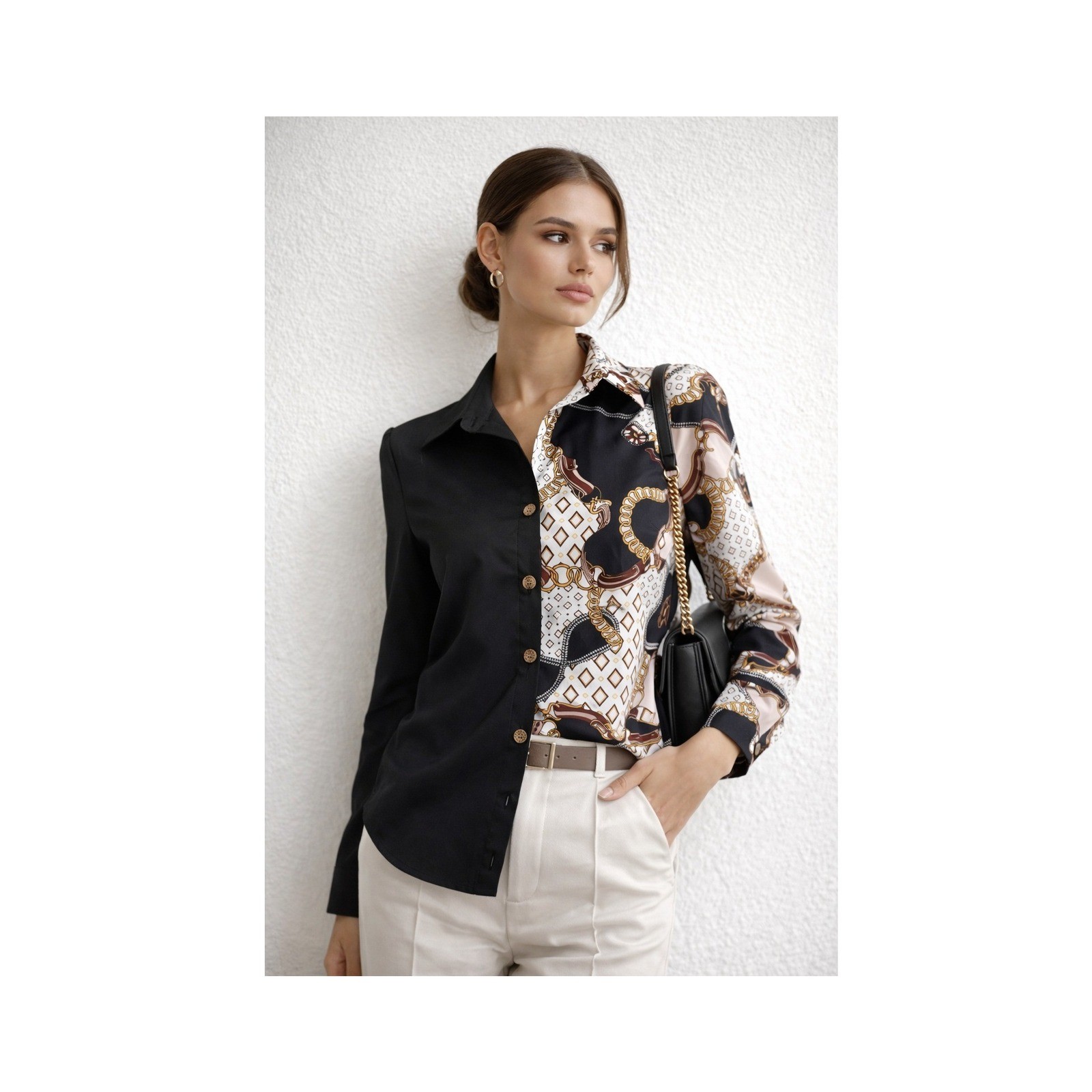 CBR Chic Boutique Rose Split Chain Print Button Down Shirt Black Gold Size M
