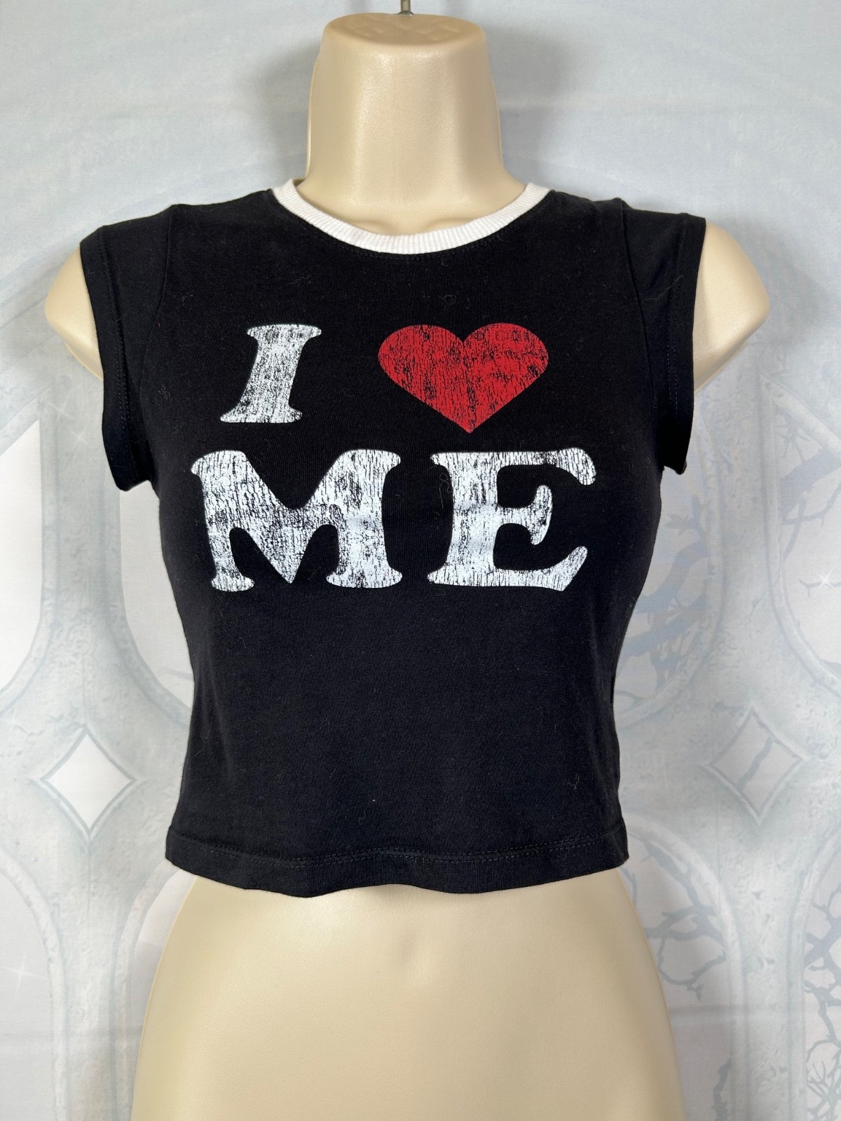H&M black & white I Love Me heart cap-sleeve retro crop baby tee t-shirt, XS