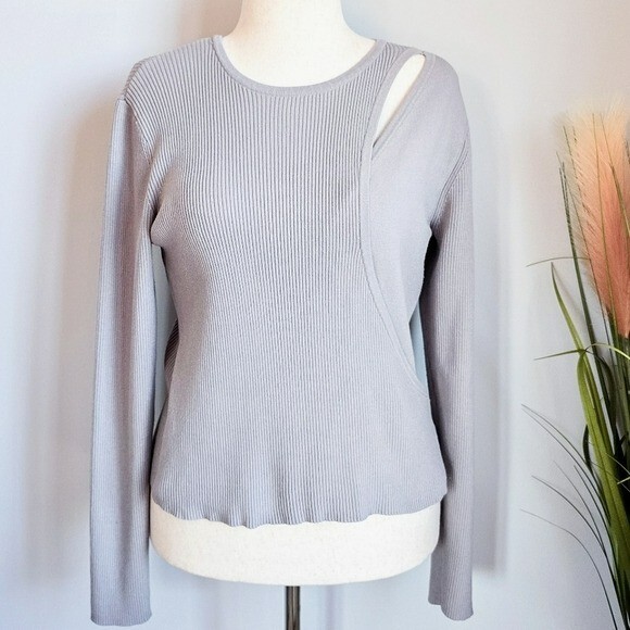 Revolve, 525 America Gray Layered Cut Out Ribbed Wrap Sweater Shirt Size Large