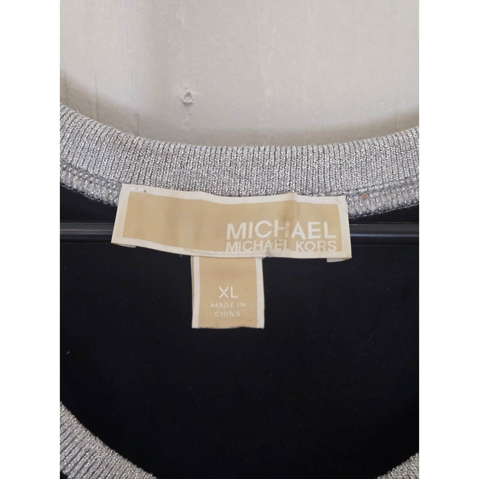 Michael Michael Kors Black Silver Metallic Trim Bell Sleeve Knit Top XL