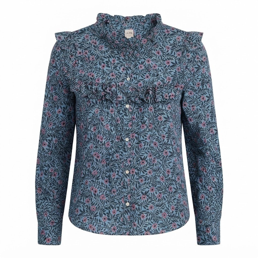 La Vie Rebecca Taylor Blue Floral Ruffle Victorian Button Down Shirt Large – CJ