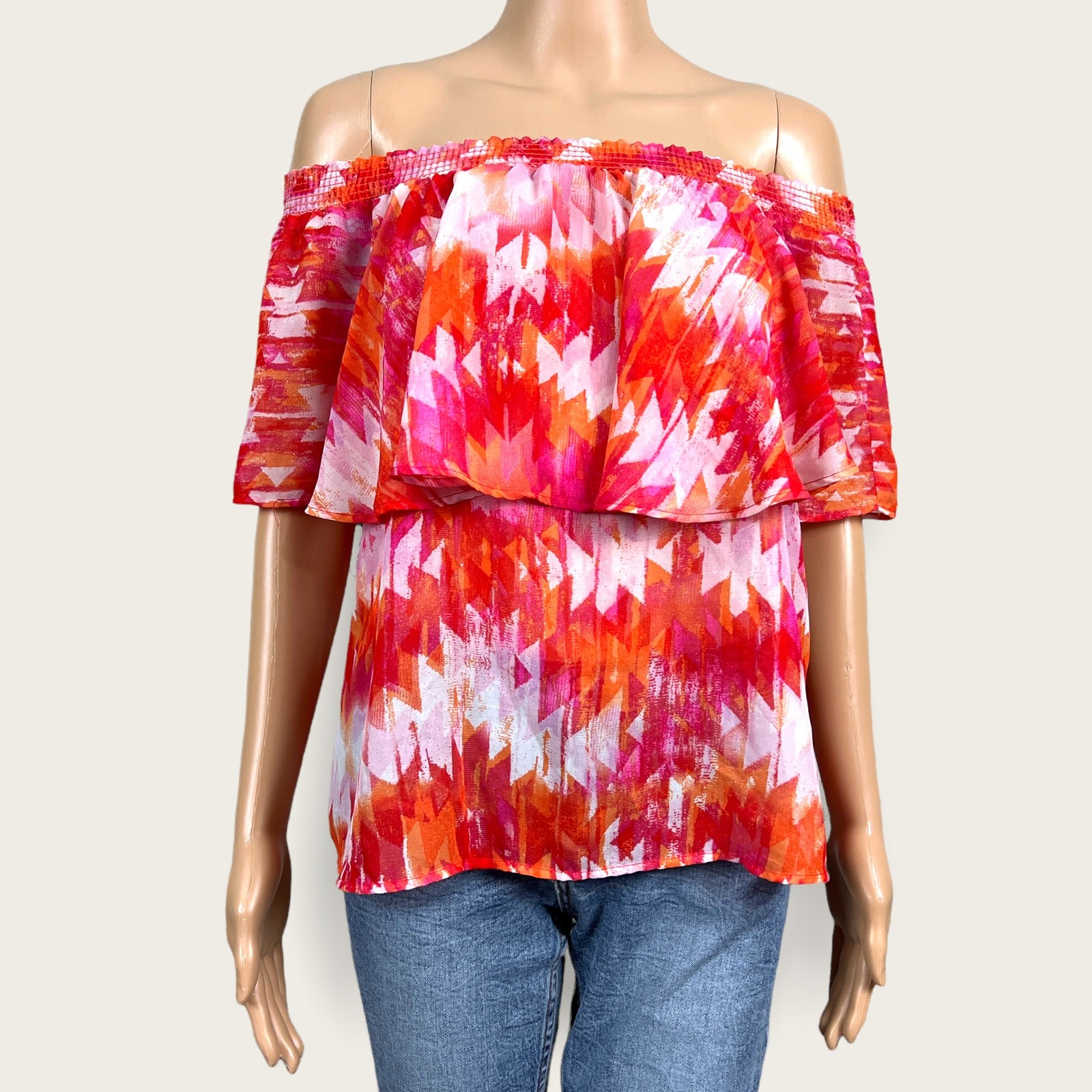 Show Me Your MuMu Bungalow Orange Pink Print Ruffled Off Shoulder Shirt SMALL