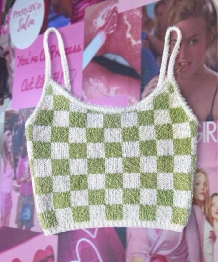 L.A. Hearts Green White Check Knit Cropped Spaghetti Strap Scoop Neck Tank S