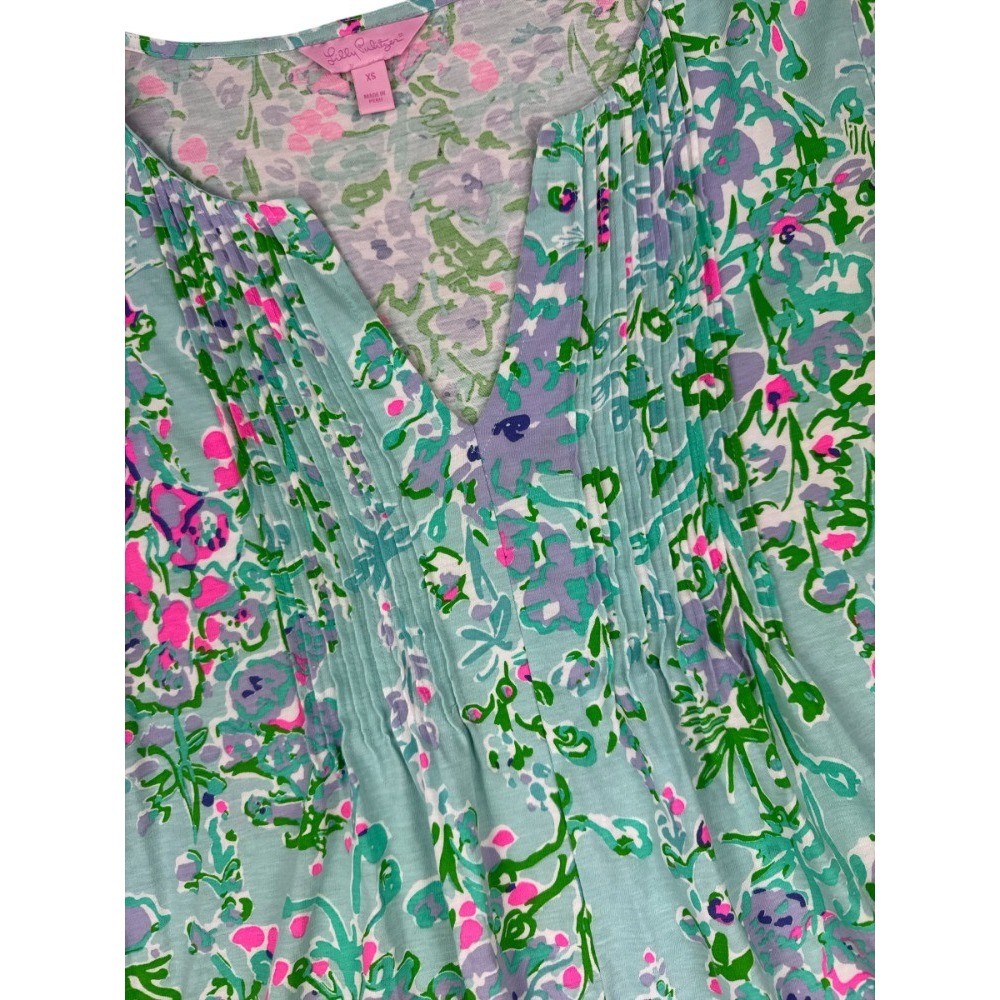 Lilly Pulitzer Braylon Tunic XS Pool Blue Southern Charm Pima Cotton Floral Top