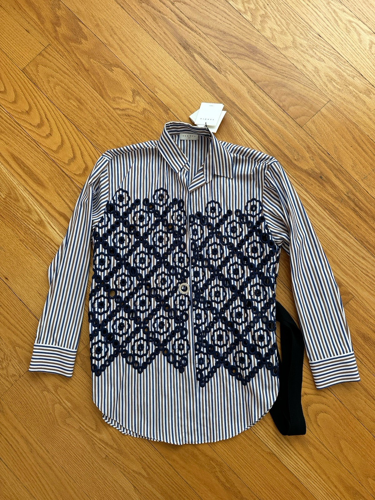 Sandro Embroidered Eyelet Wrap Stripe Shirt Navy Size 1(US 2-4)