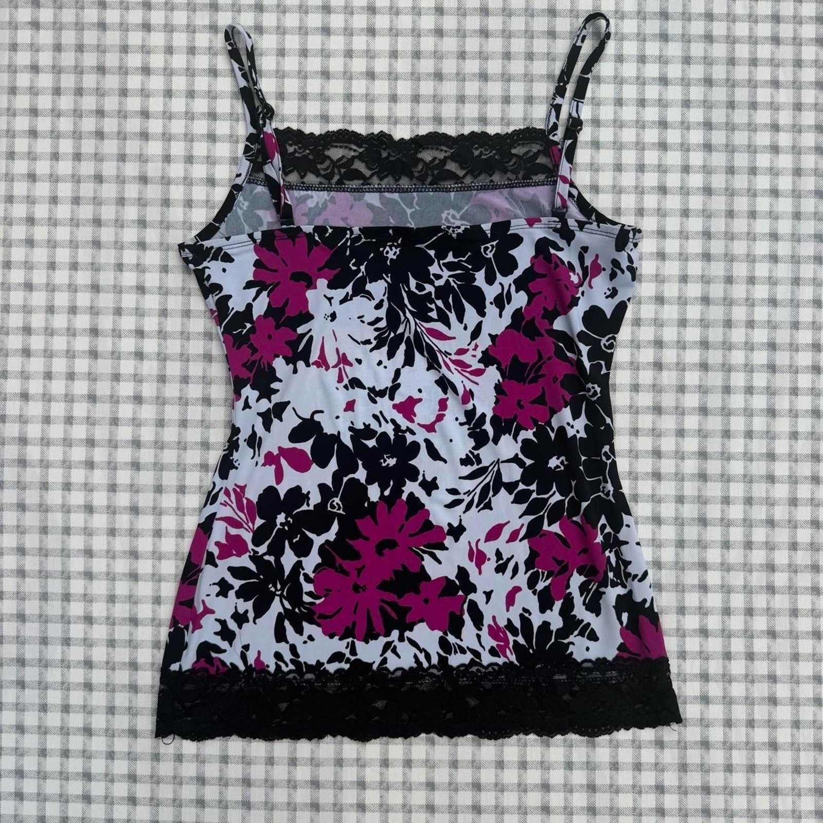 black and purple floral and lace camosile top