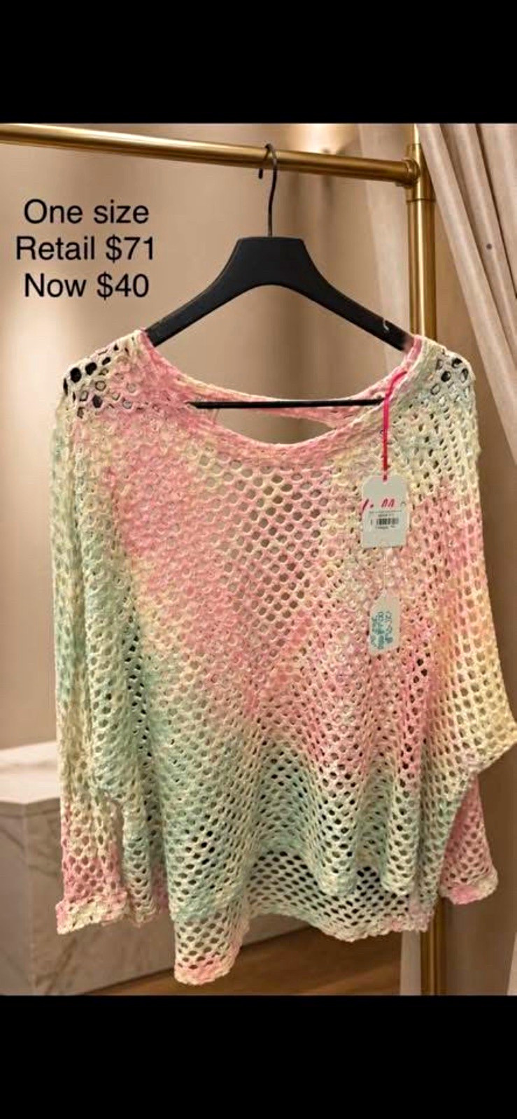 Women’s Pink Green White Colorblock Crochet Sheer Lightweight Round Neck Top One