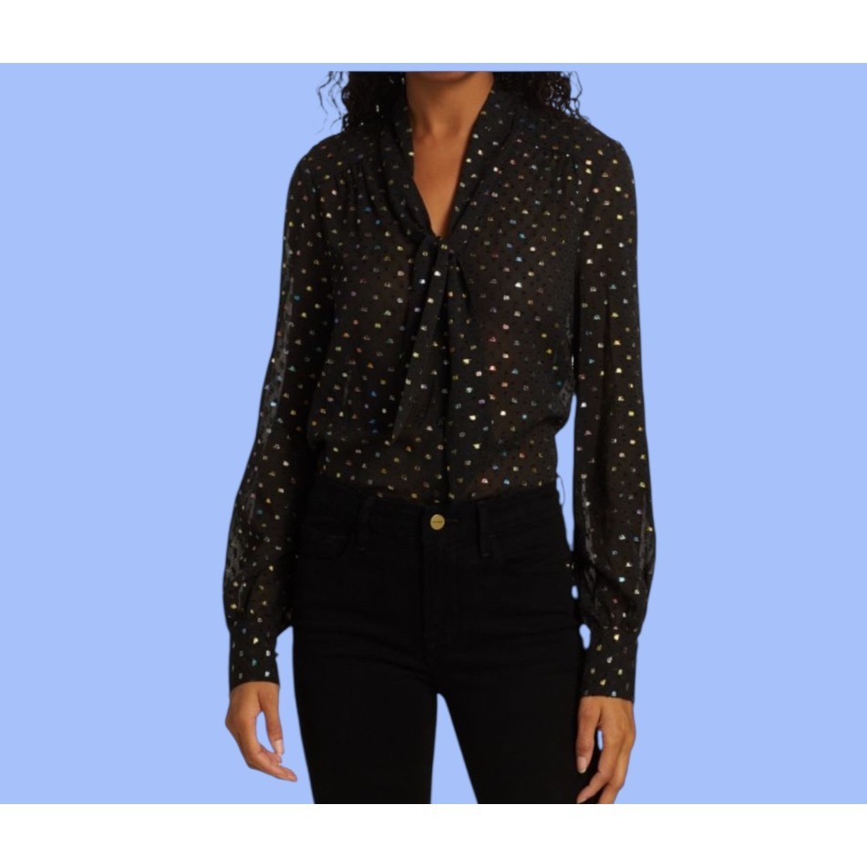 PAIGE Black Metallic Dot Pussy Bow Blouse Long Sleeve Sheer Women’s Size S