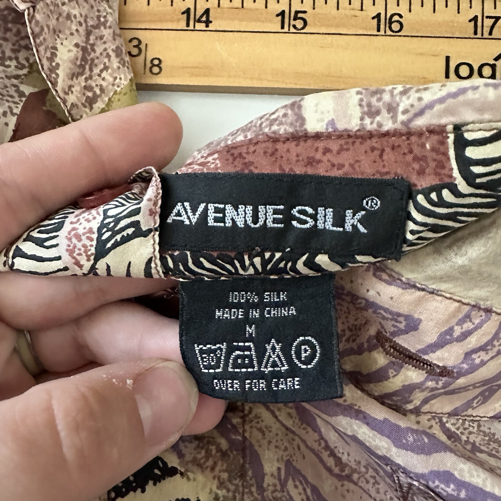 Avenue Silk Womens Zebra Patchwork Button Up Top Size M 100% Silk Art to Wear