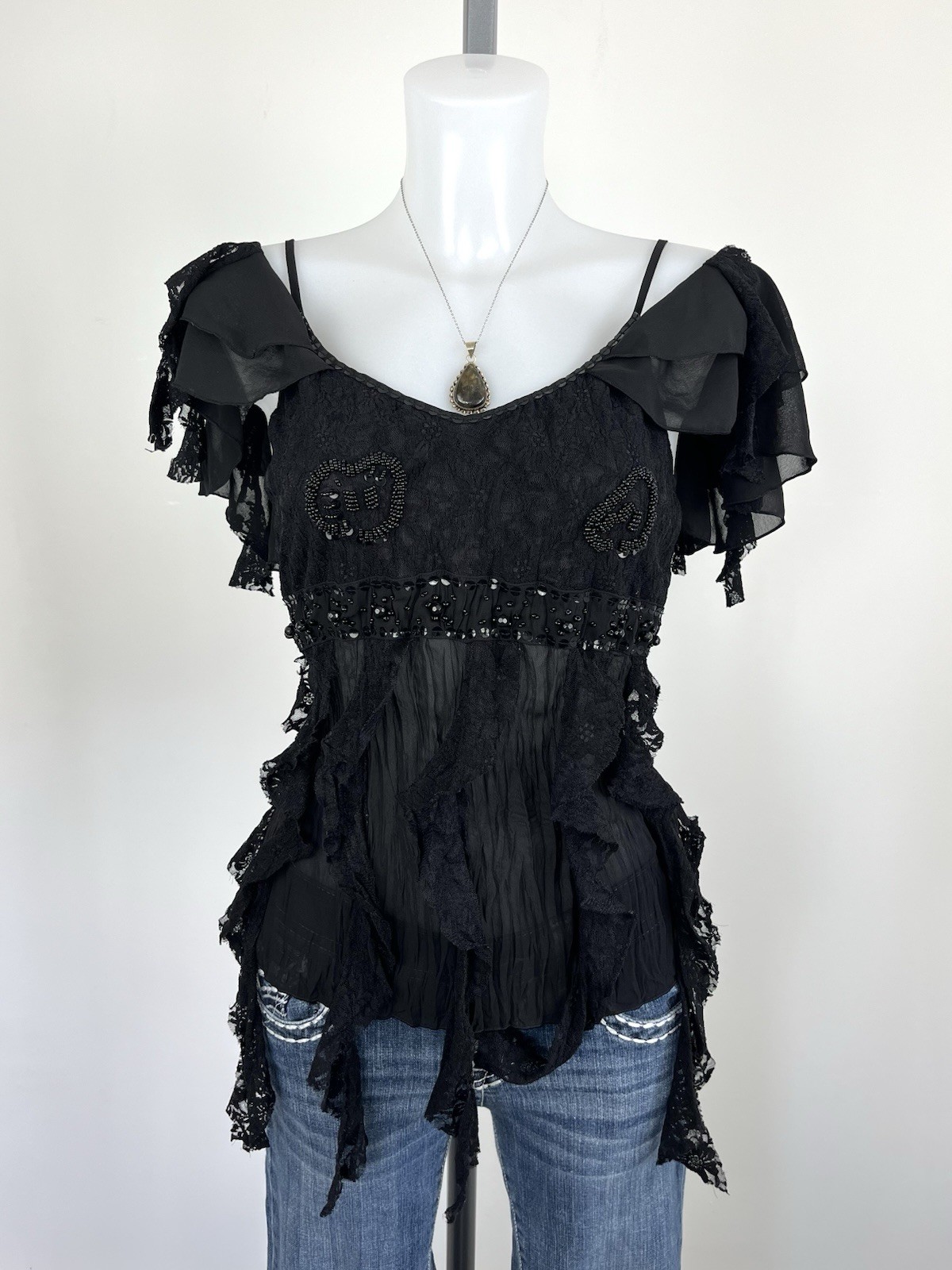 Y2k vintage black mesh ruffle sequin embellished off the shoulder blouse top
