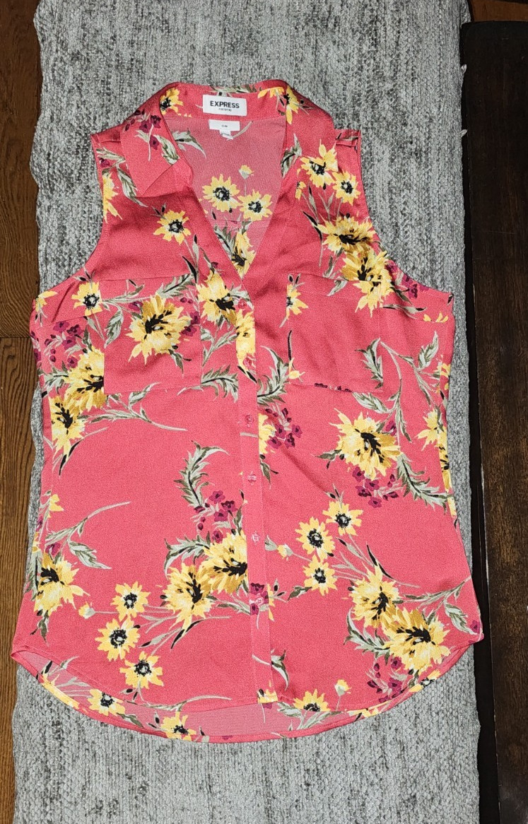 Express Portofino Slim Women’s XS Pink/Yellow Floral V-Neck Sleeveless Blouse