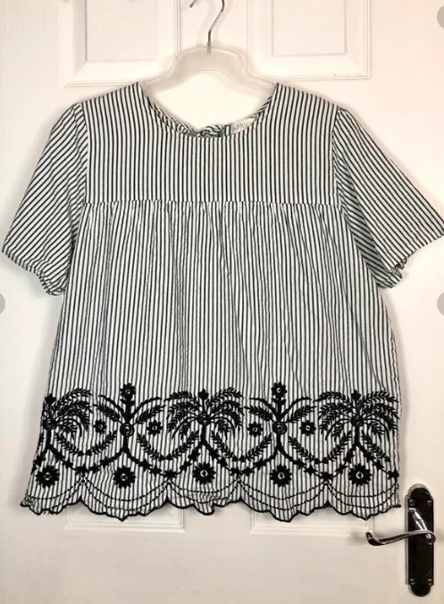 Apricot Womens Blue & White Striped & Embroidered 100% Cotton Blouse Size 16 uk