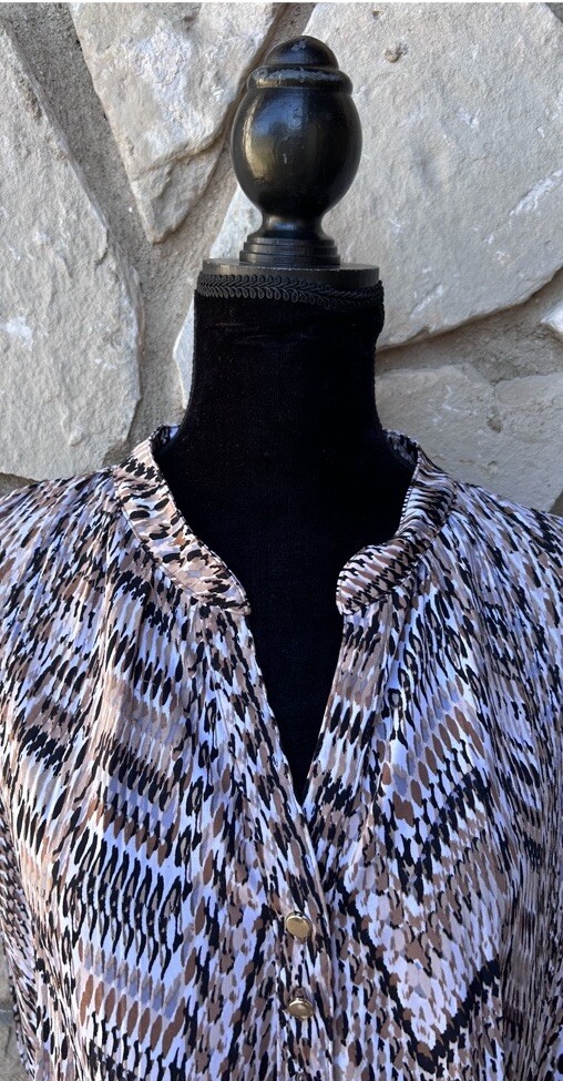 DANA BUCKMAN Tunic Top 2X 3X Beige Black Easy Care Knit Abstract Print Excellent