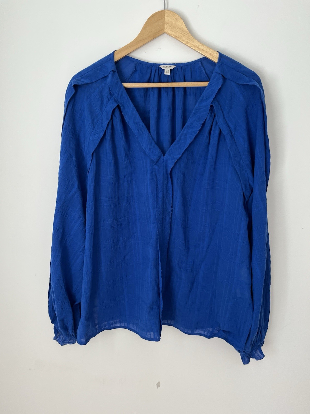 Jigsaw 14 Cobalt Blue Textured Gauze Crinkle Cotton Billowy Sleeve Blouse