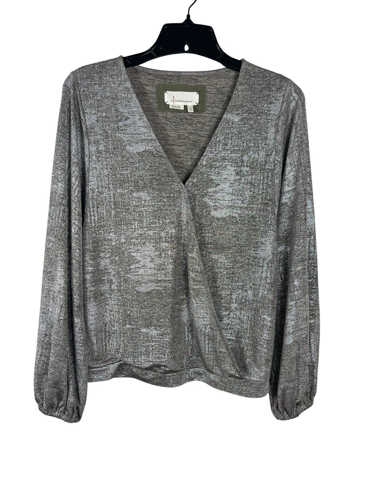 Anthropologie Silver Metallic Faux Wrap Blouse Long Sleeve Shimmer Top XS Party
