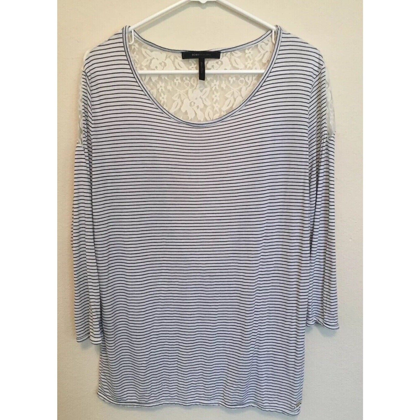 Black White Striped Lace Back Top L BCBGMAXAZRIA Blouse Sheer Chic Knit Shirt