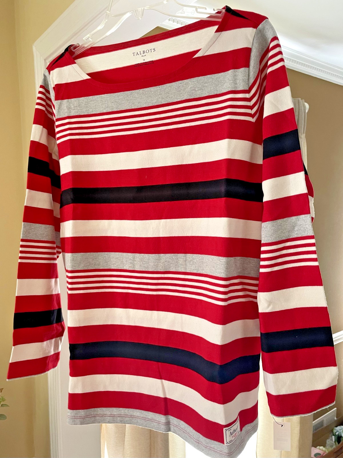TALBOTS Authentic Aerial Stripe Red White Gray Black Stripe Top Plus Sz 1X NWT