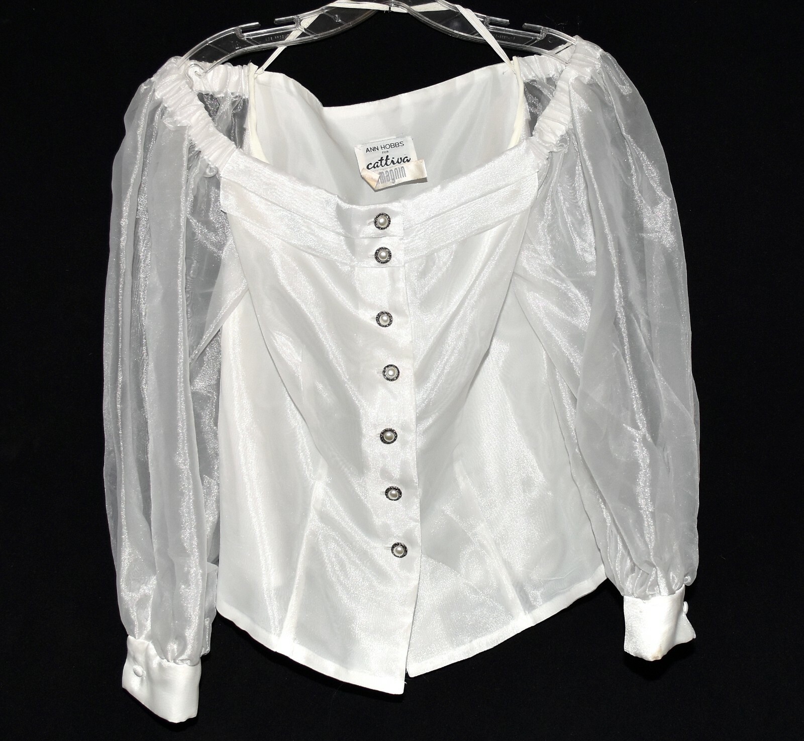 Vintage Ann Hobbs for Cattiva I Magnin White Billowy Sheer Sleeves Blouse Size 6