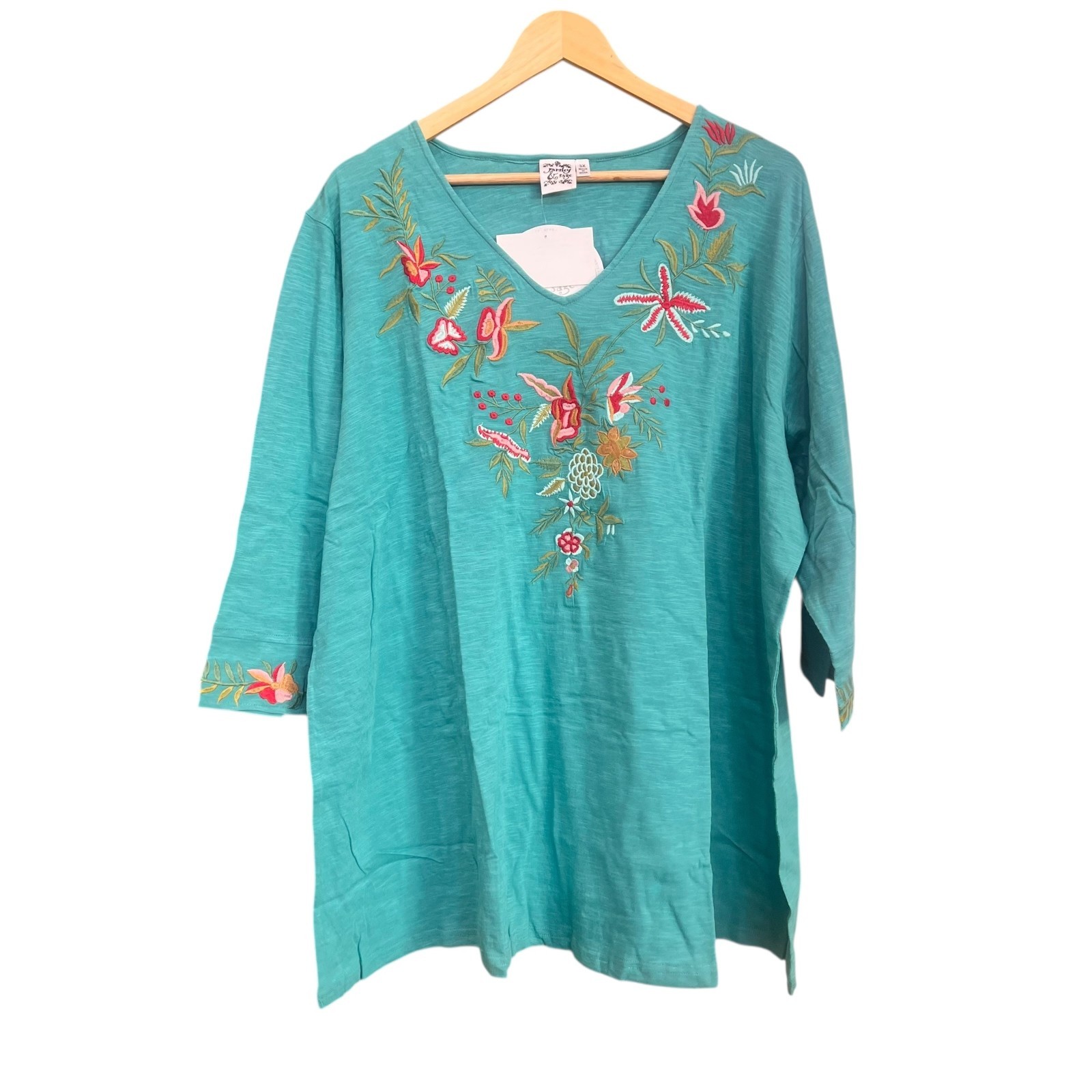 Parsley and Sage Top Women’s 3X Teal Embroidered 3/4 Sleeve Artsy V-neck NEW!