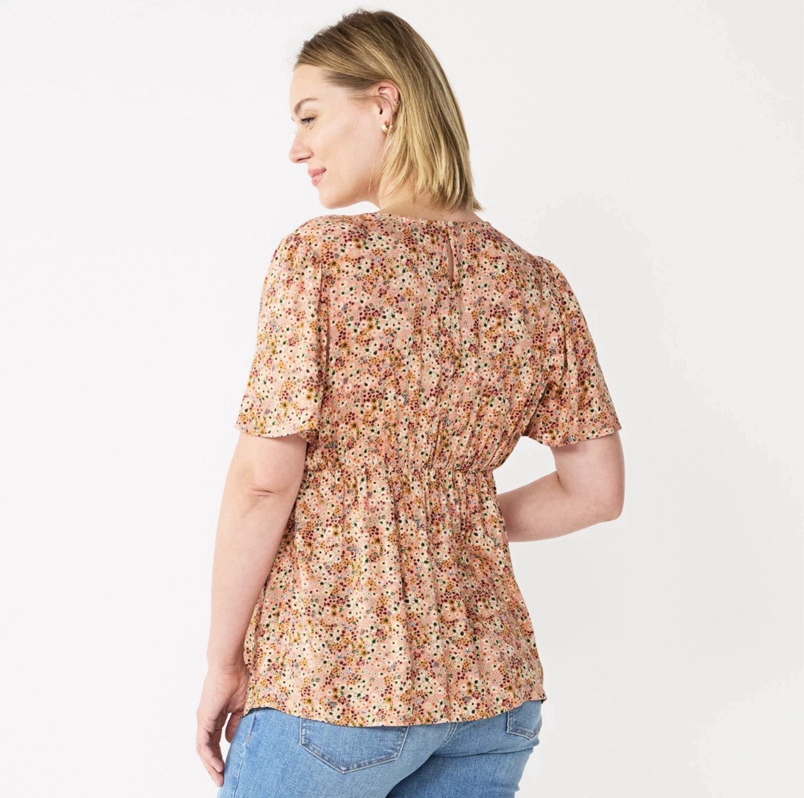 Sonoma Maternity Flutter Sleeve Babydoll Floral V Neck Top Size Small Crochet
