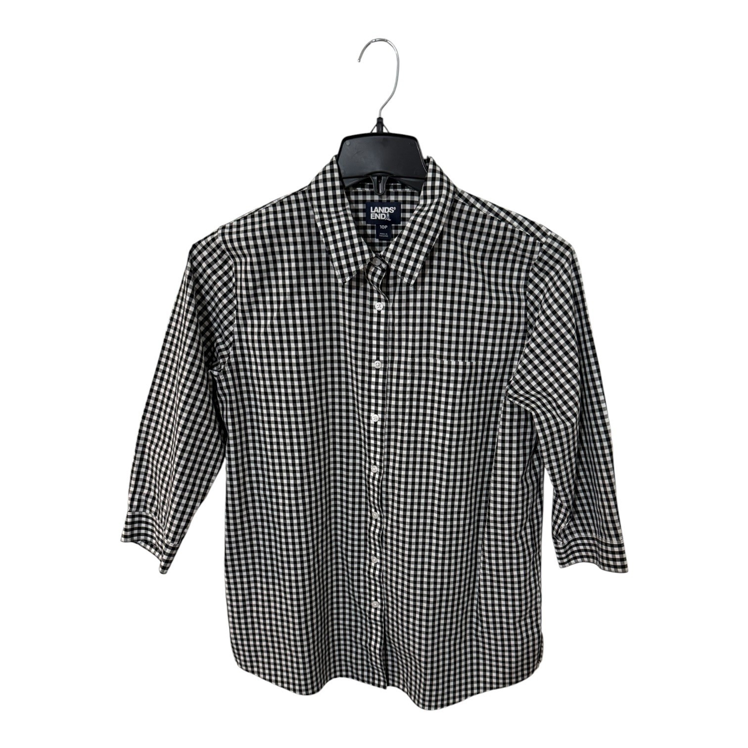 Lands End Womens 10P Gingham Button Down Shirt Black White 3/4 Sleeve Petite