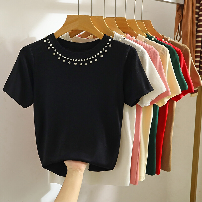 Knitted T-shirt Women Top Solid Summer Short Sleeve Beading Casual Thin Top Warm
