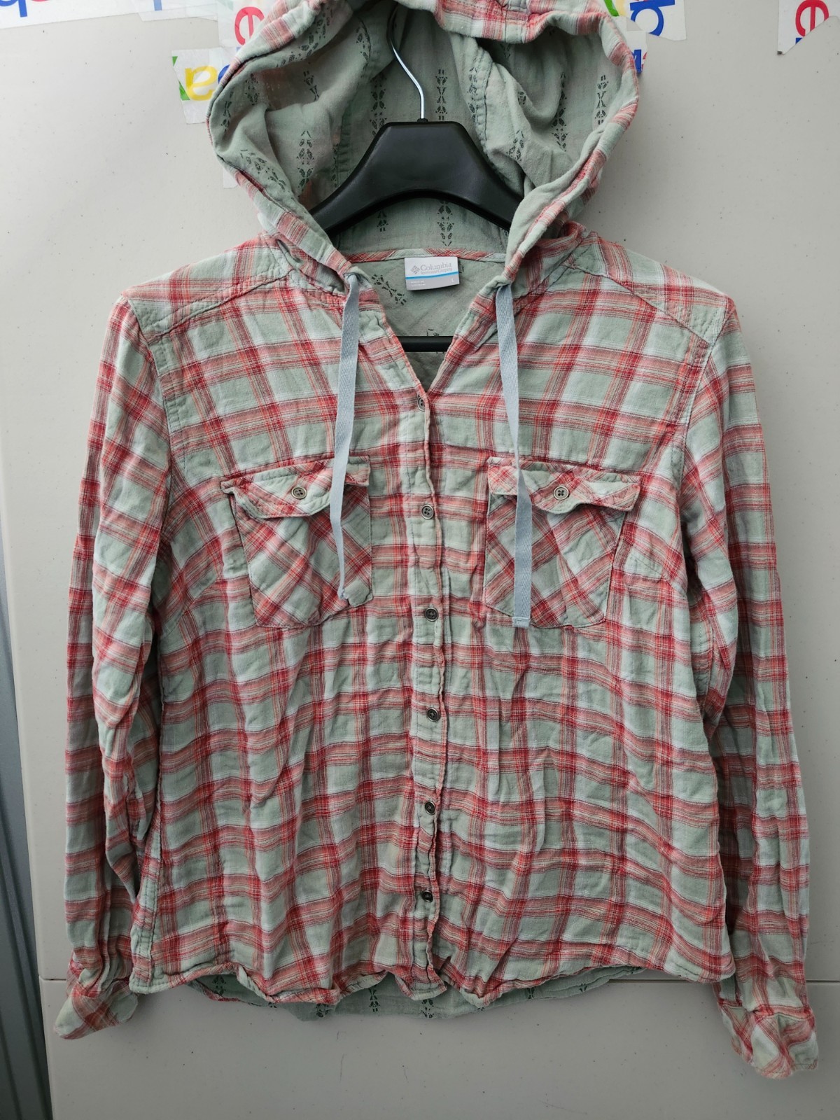 Columbia Top Womens L Red Times Two Button Up Hoodie Plaid Double Knit Outdoor