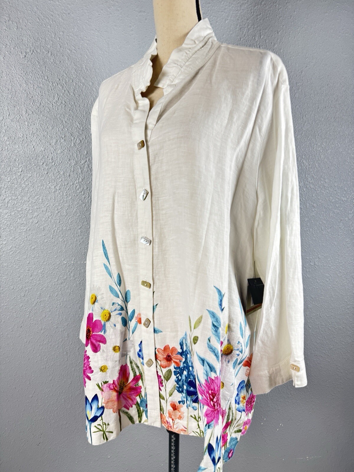John Mark Floral Linen Tunic Top 1X White Floral Button Up Shirt Blouse NWT