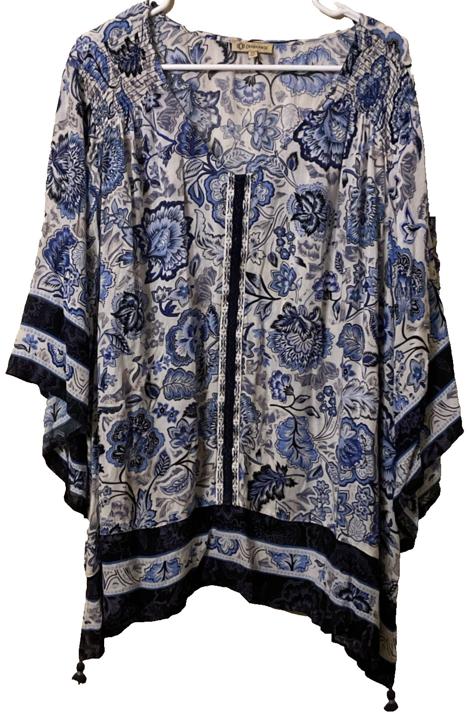 Democracy Women’s Plus Size 3X Kimono Sleeve Blue White Floral Top Contrast Trim