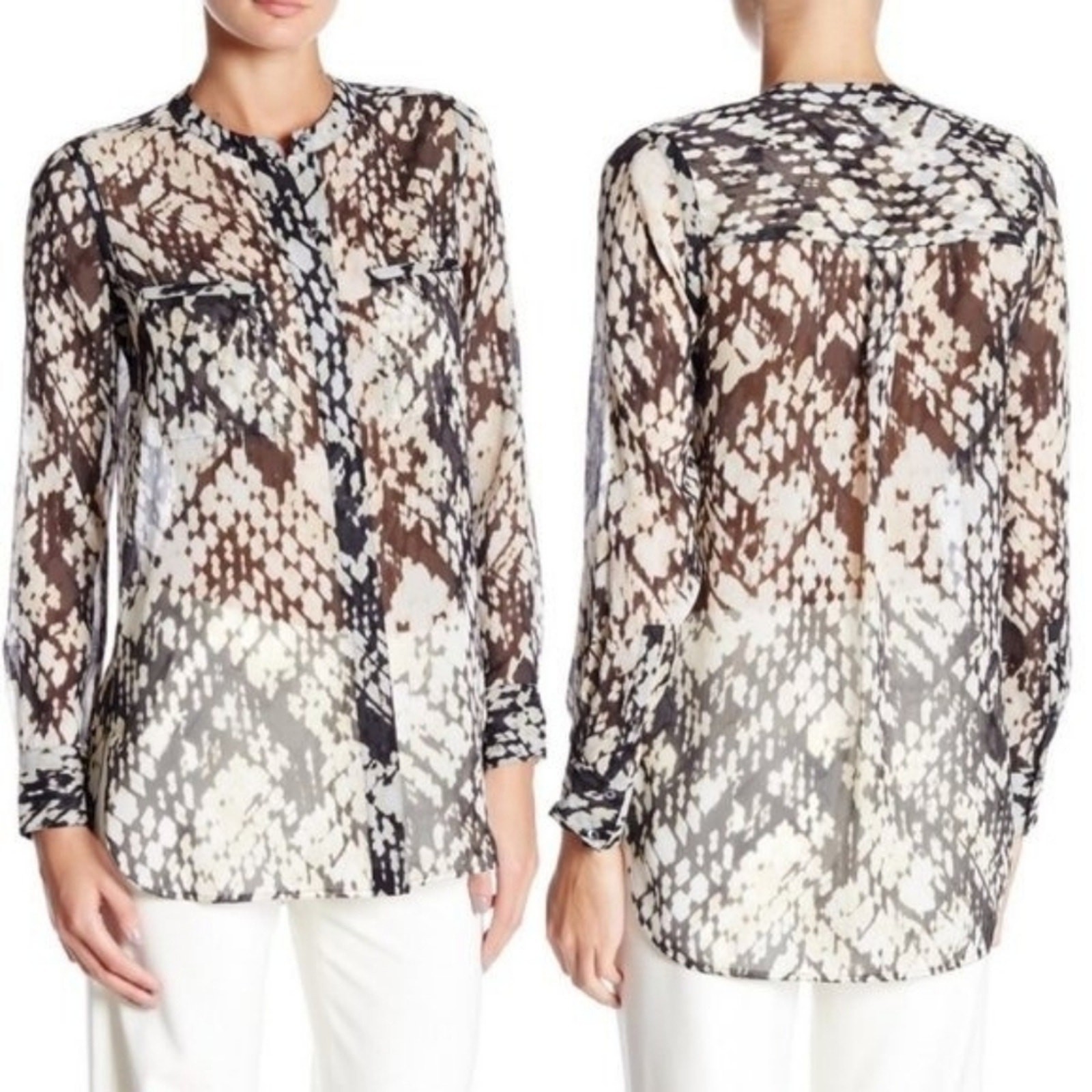 Vince Black cream 100% Silk Button‎ Down Abstract Printed Blouse Size 6