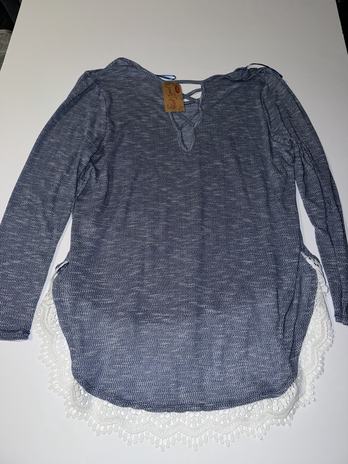Red Camel Plus Women 1X Blue Marled Tunic Top Crochet Criss Cross Back Shirt NWT