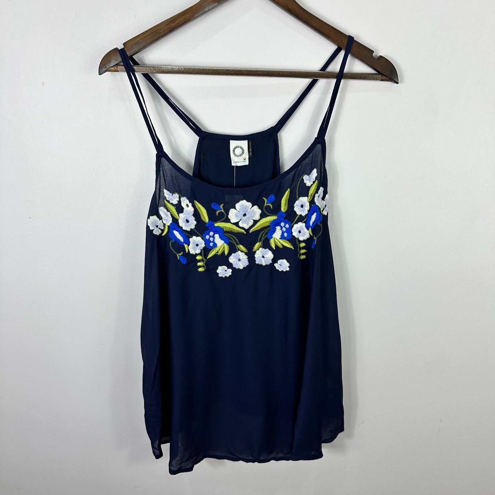 Akemi Kin Anthro Floral Tank Top M Navy Embroidered Boho Cottagecore Festival