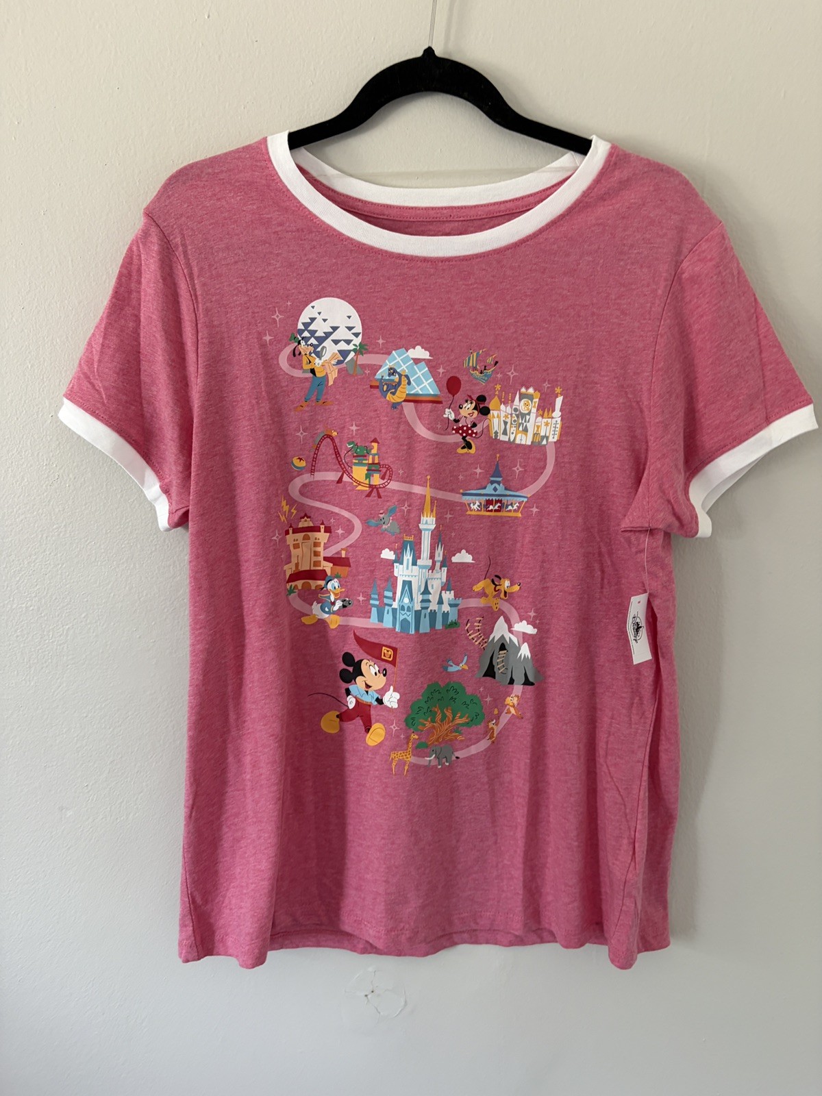 Disney Parks Walt Disney World Map Ringer T Women Large Pink Castle Mickey NWT