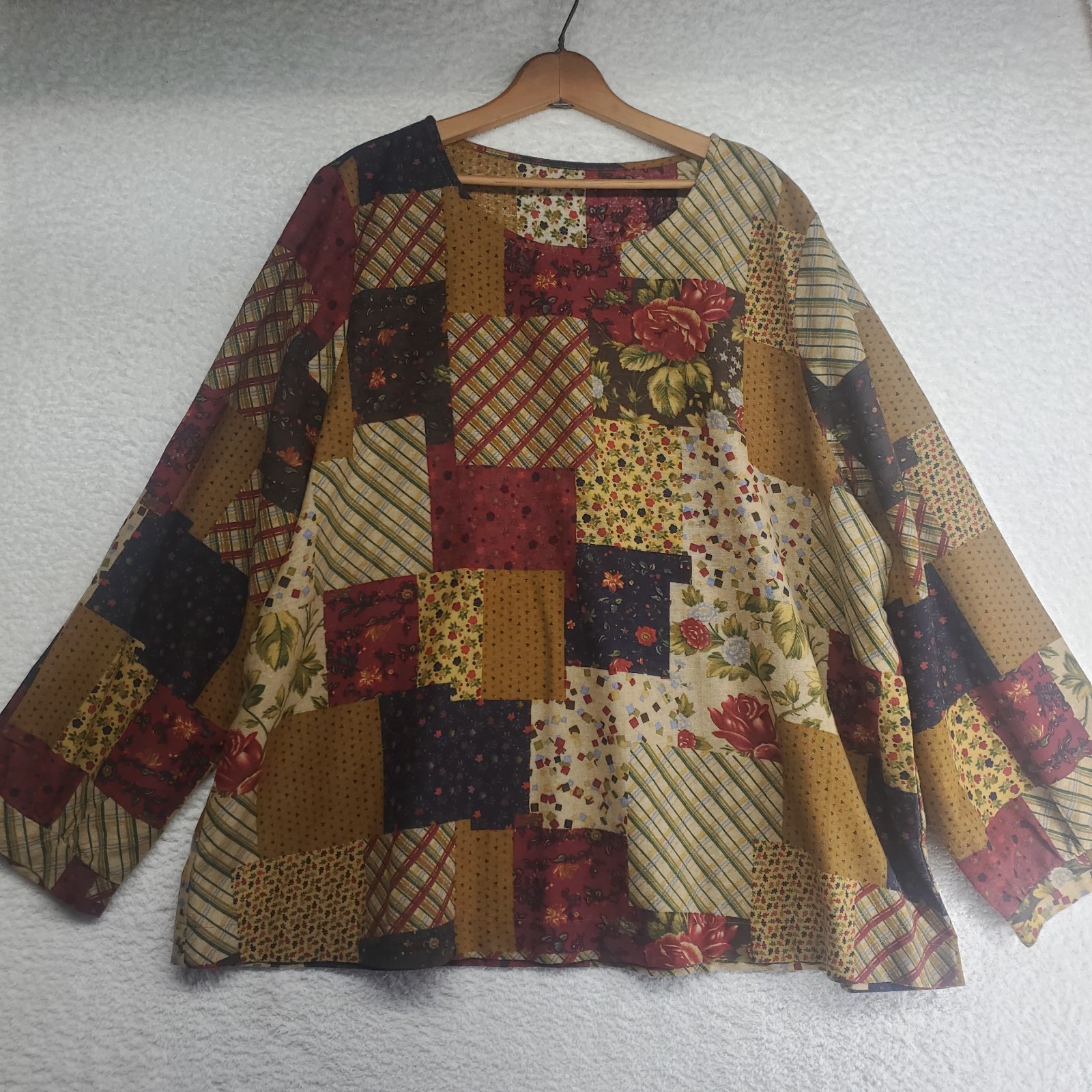 Emery Rose Women’s Patchwork Top 4X Brown Fall Autumn Floral Pullover Linen