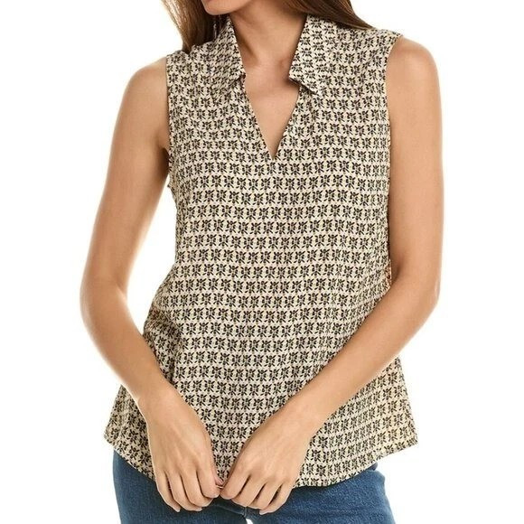 CAbi Sleeveless Top L Large Geometric Collared Popover Beige Green Chiffon NWOT