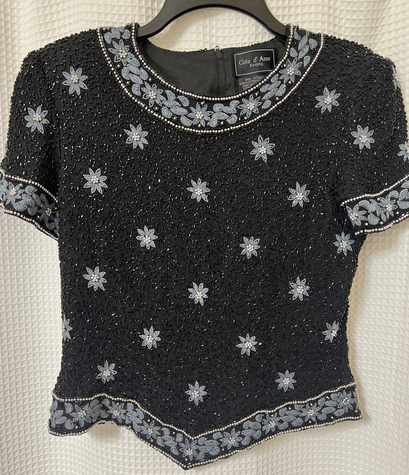 Vintage Black Silk Top SZ S Black Beaded Embroidered Glam Elegant Whimsical