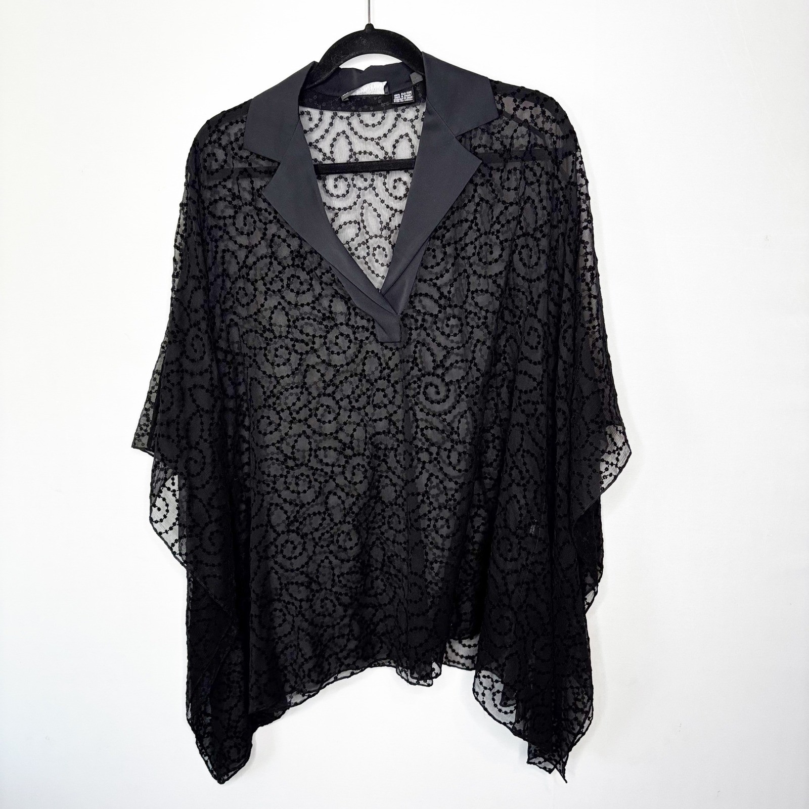 Whimsy Goth Silk Sheer Batwing Tunic Top Women Size M Black Embroidered Poncho