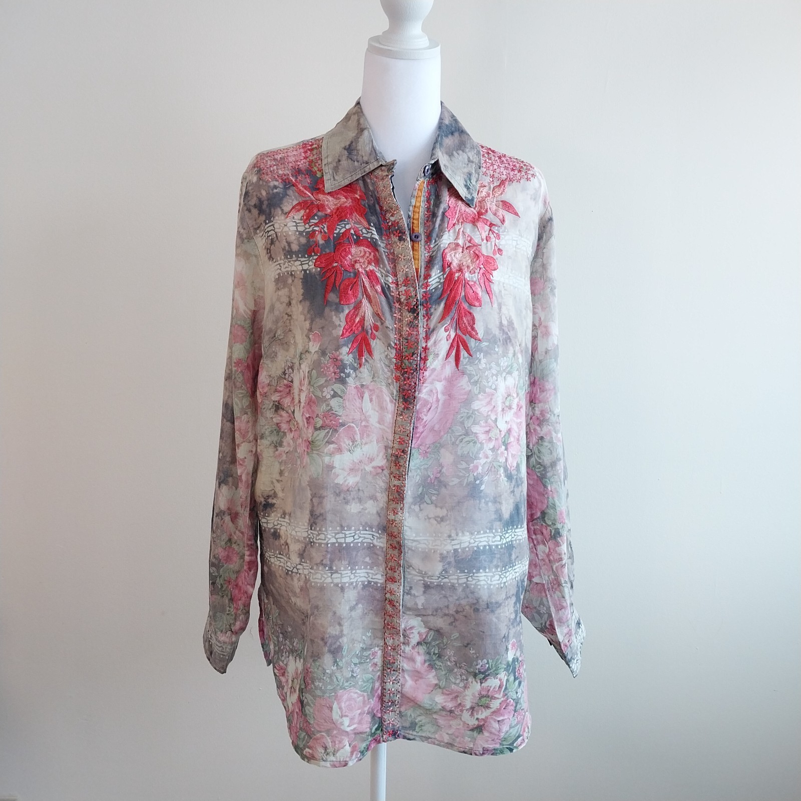 The Nu Vintage Med Floral Button Up Shirt Cottagecore Lightweight Boho Made USA