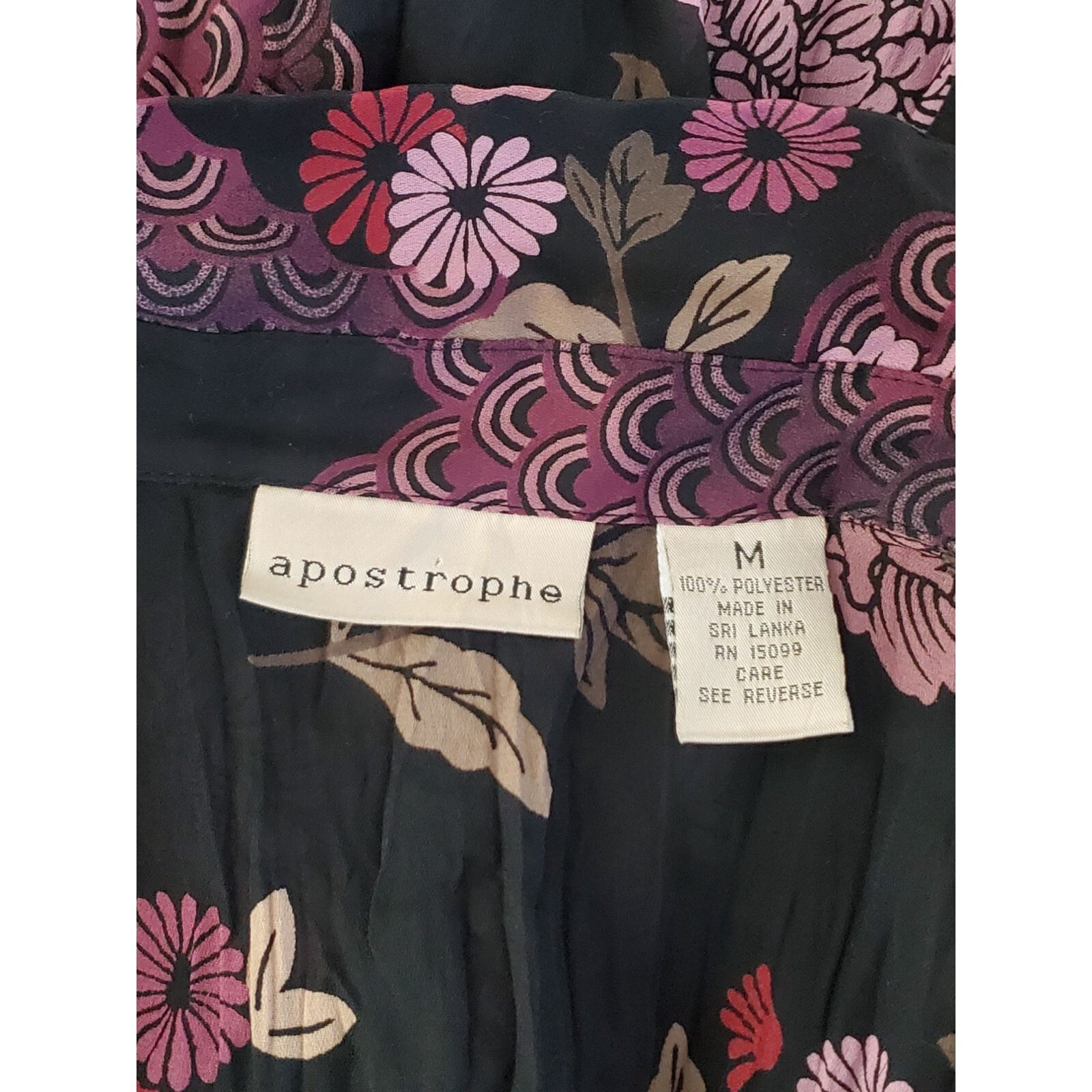 APOSTROPHE FLORAL FORMAL BLOUSE COLOR BLACK LONG SLEEVE POLYESTER SIZE M